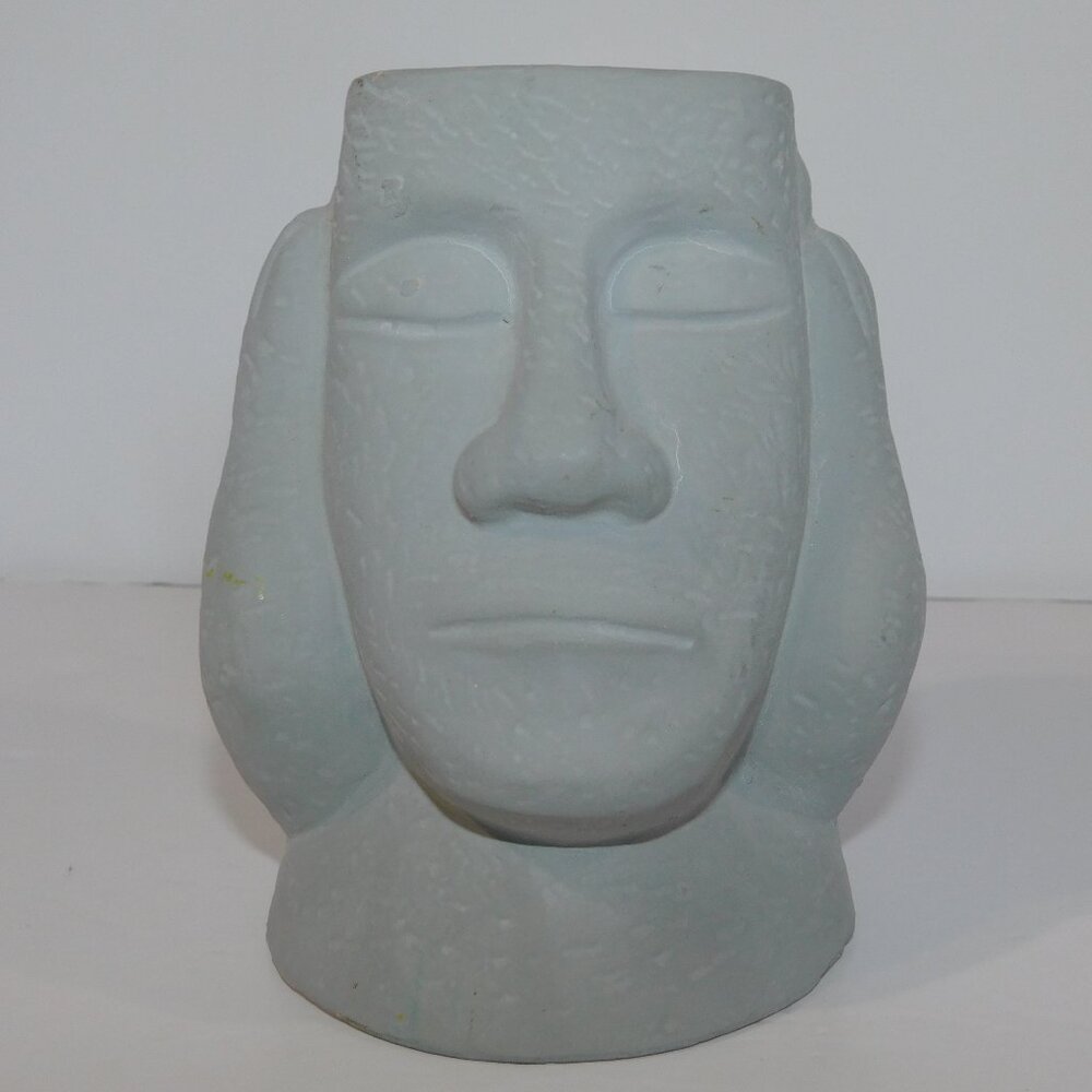 6" Terracotta Painted Gray Moai Hear No Evil Easter Island Head Planter